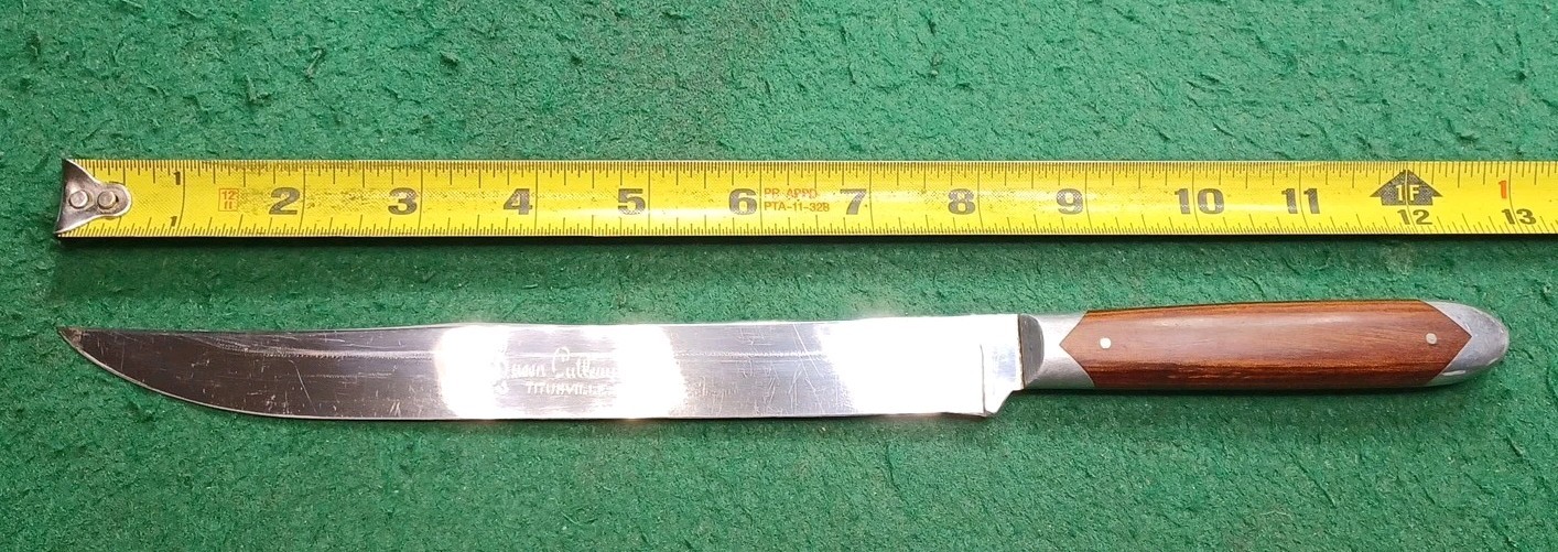 QUEEN CUTLERY CO. 8" Carving Knife, Pewter Bolsters, Cherry Wood Scales U.S.A.