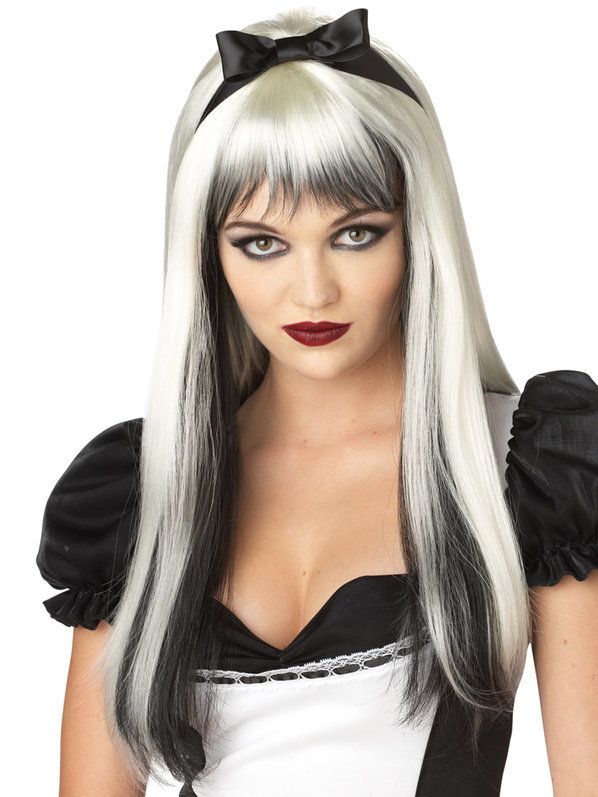 Dark Alice Enchanted Tresses Wig, Long Platinum Blonde Black highlights, White