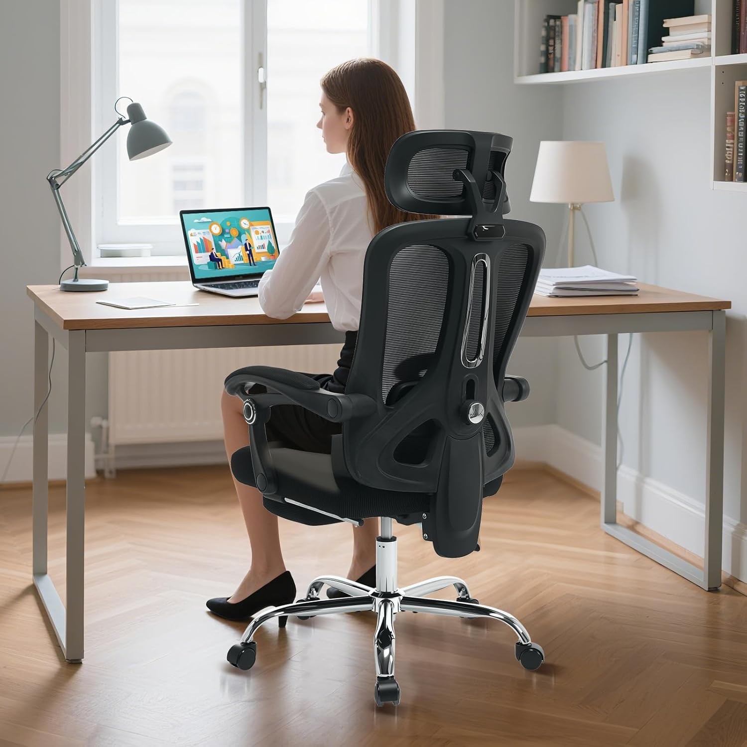 Office Chair + Mesh Back Retractable Footrest Adjustable Headrest&Lumbar Support