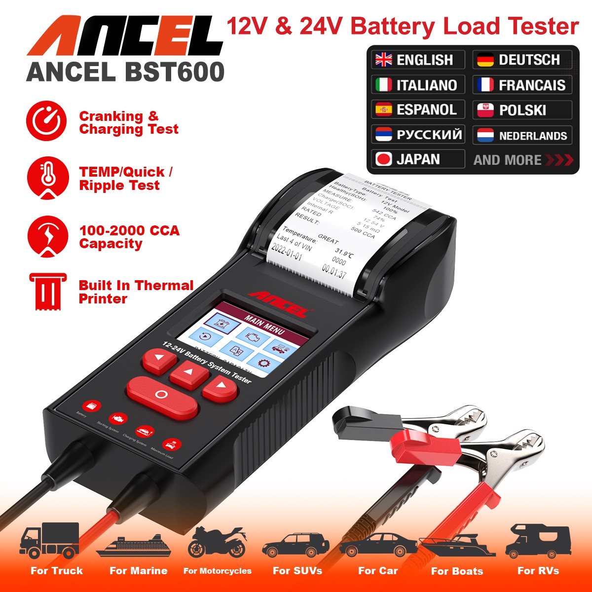 ANCEL BST600 12V 24V Battery Tester with Printer Car Load Charging Cranking Test