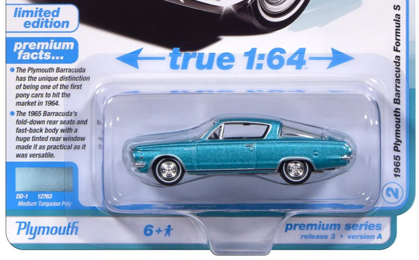 Auto World Medium Turquoise Poly 1965 Plymouth Barracuda Formula S 1:64 Car