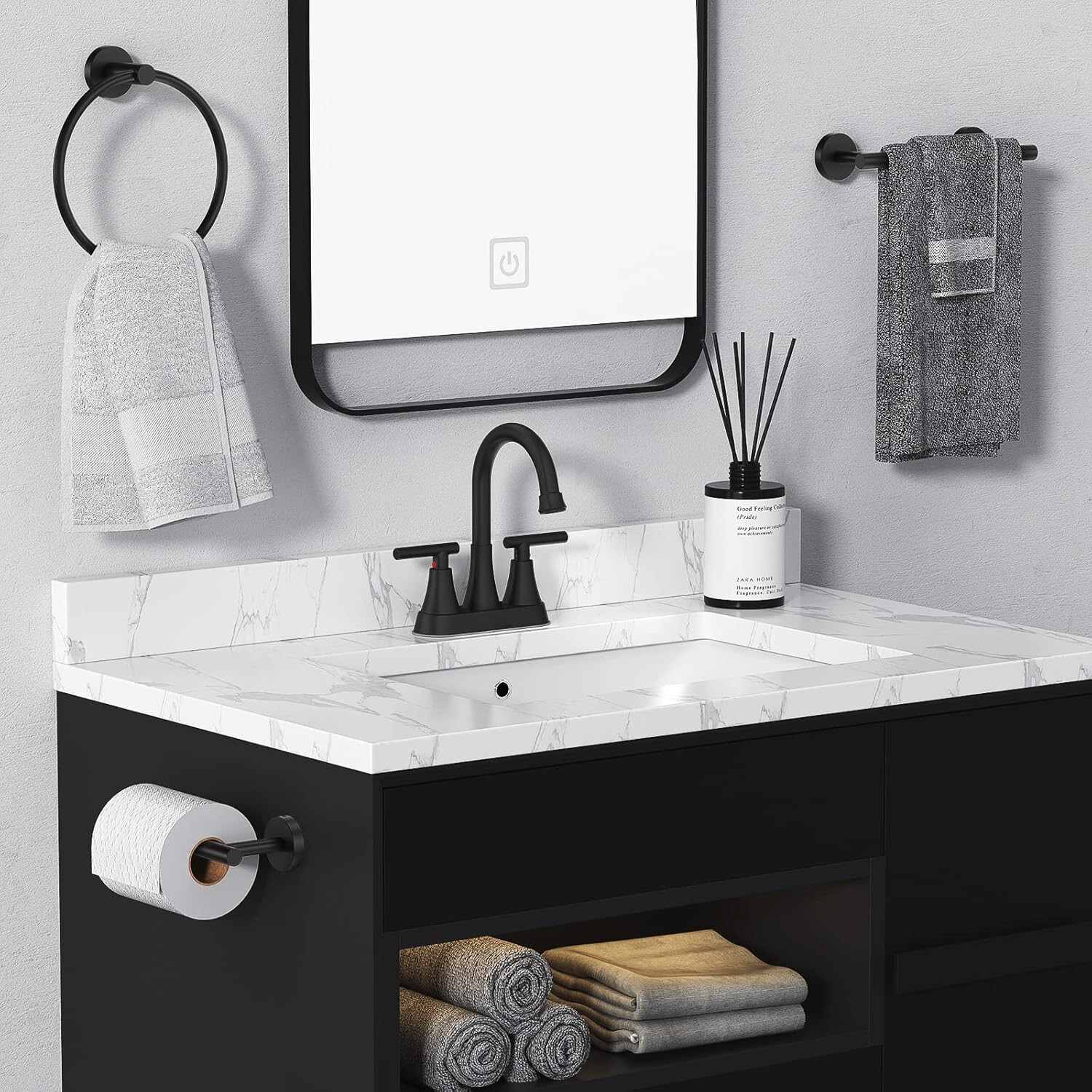 Bathroom Faucet (3 Hole), 4-Inch Matte Black, 2 Outlet Pipes, Stainless Steel