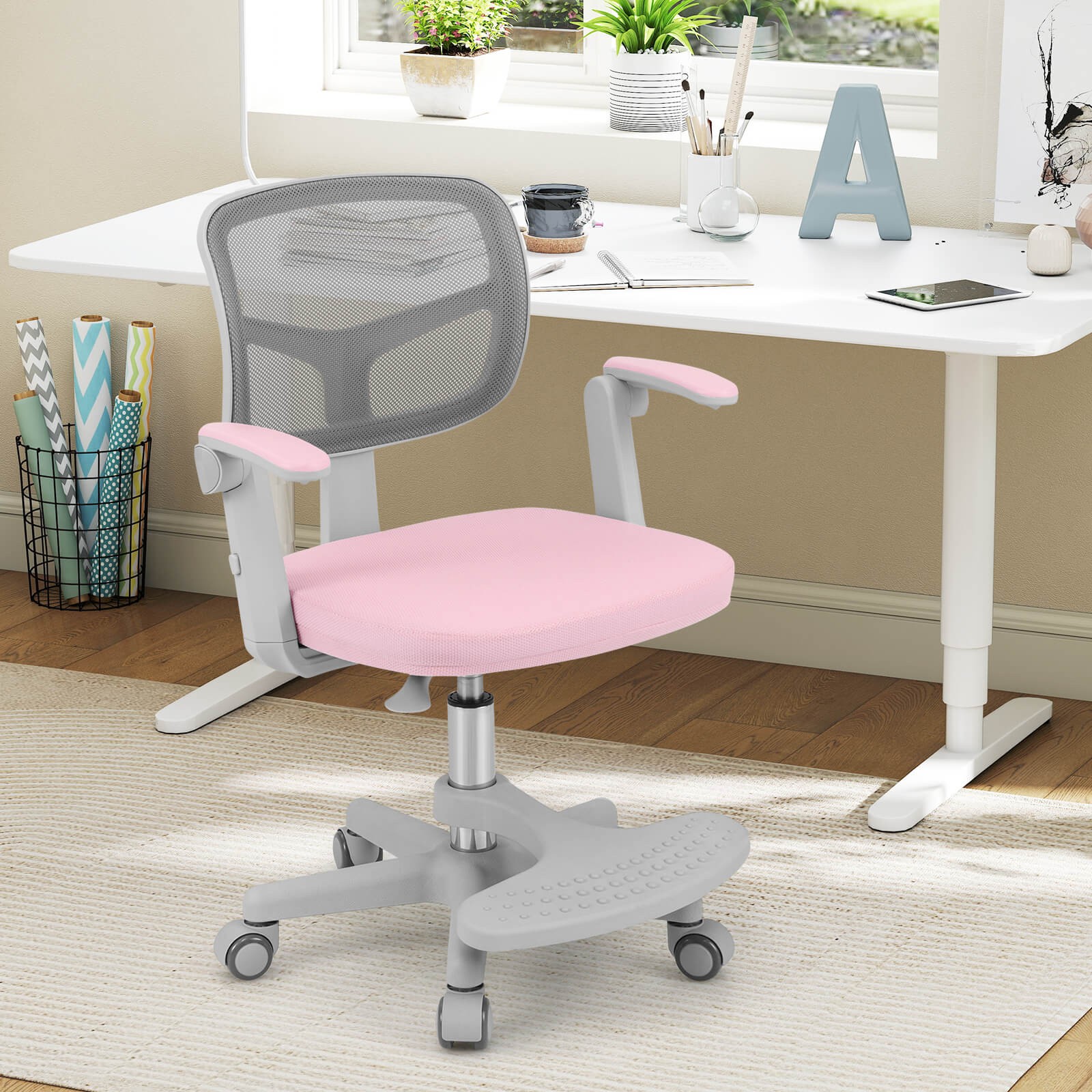 Kids Desk Chair Children Study Chair w/Adjustable Height, Armrest & Footrest