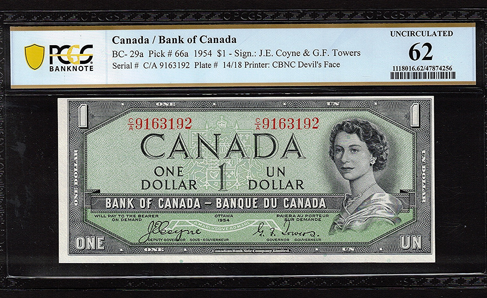 1954 DEVIL'S FACE $1.00 BC-29a BCS UNC 62 Gorgeous SCARCE Canada QEII DF Dollar