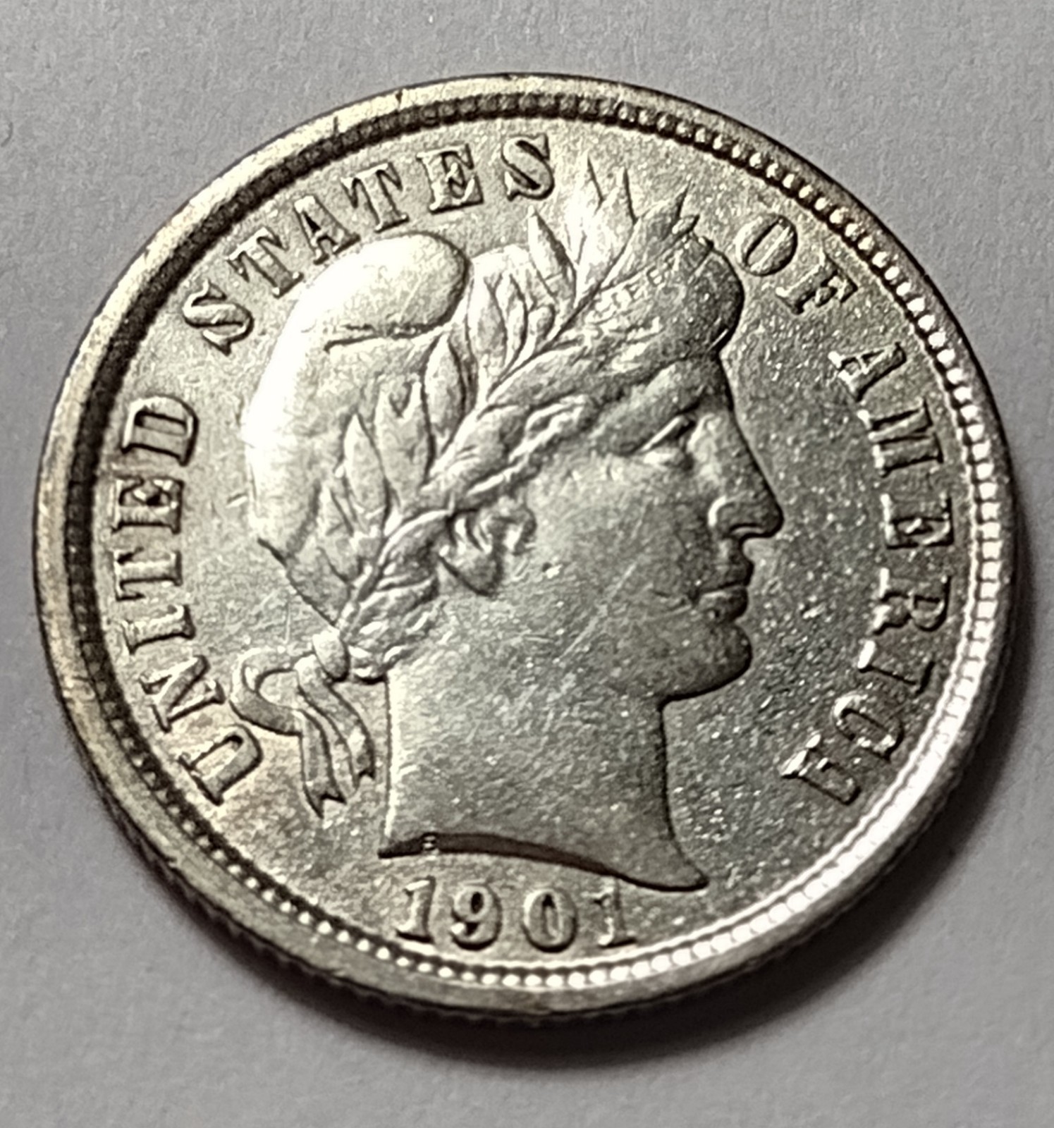 1901 Barber Silver Dime Full Liberty XF+/AU Details