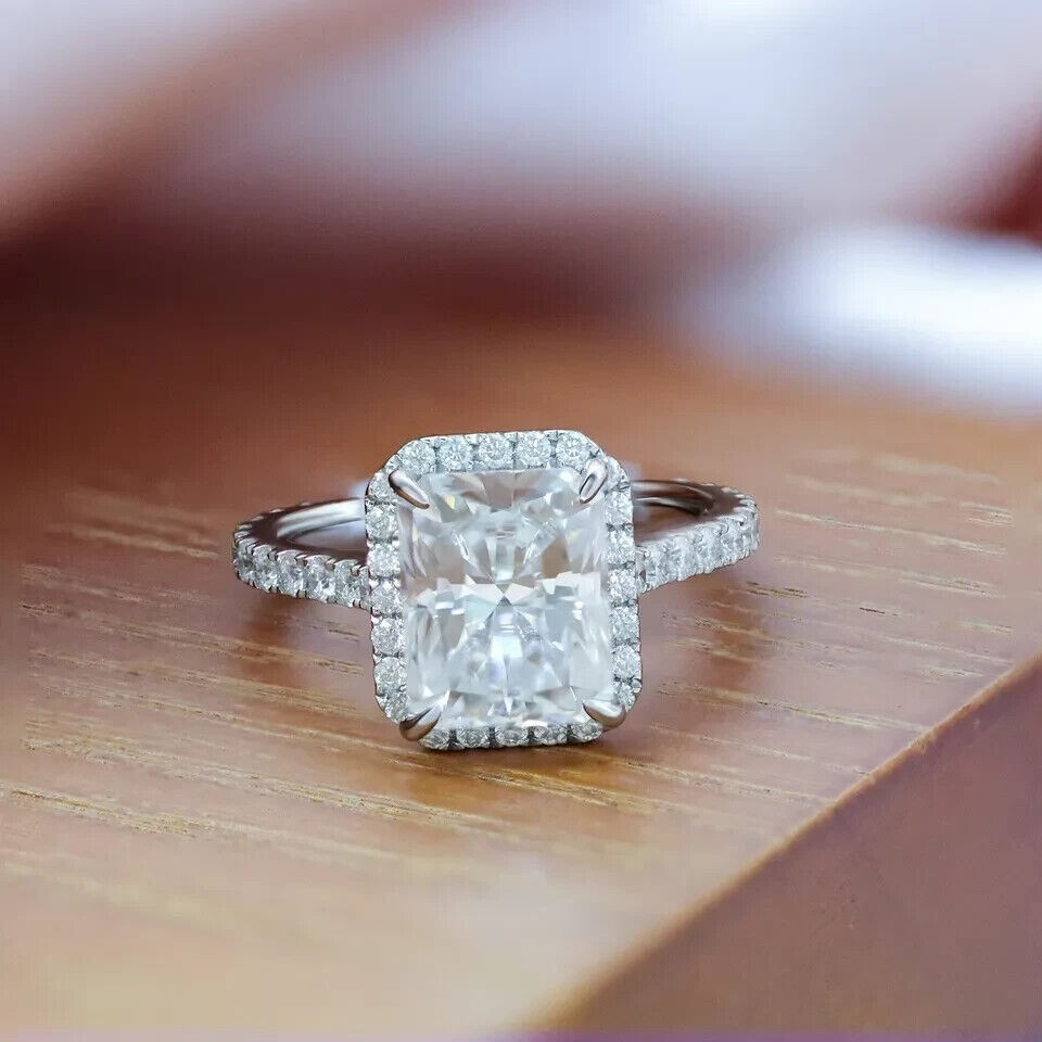 14k White Gold Plated 2.50 CTW Radiant Certified Moissanite Halo Engagement Ring