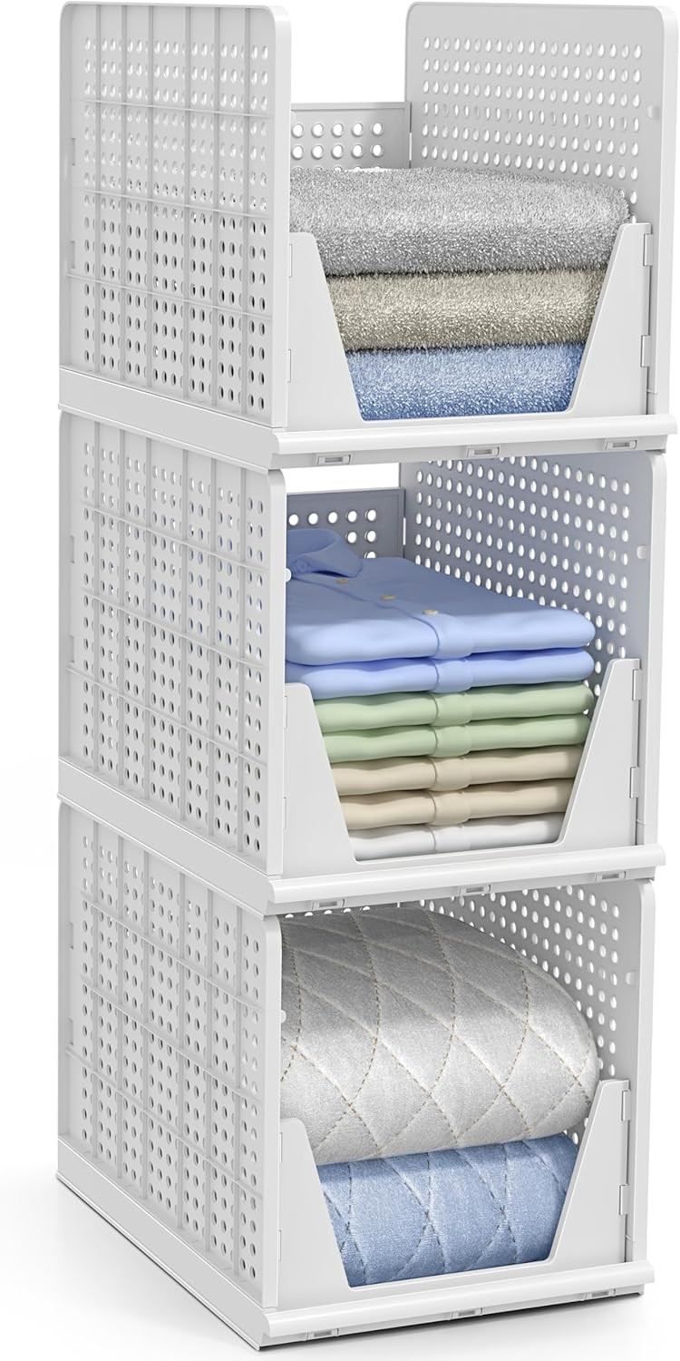 Stackable Shelf Organizer Basket Plastic Closet Clothes Pantry