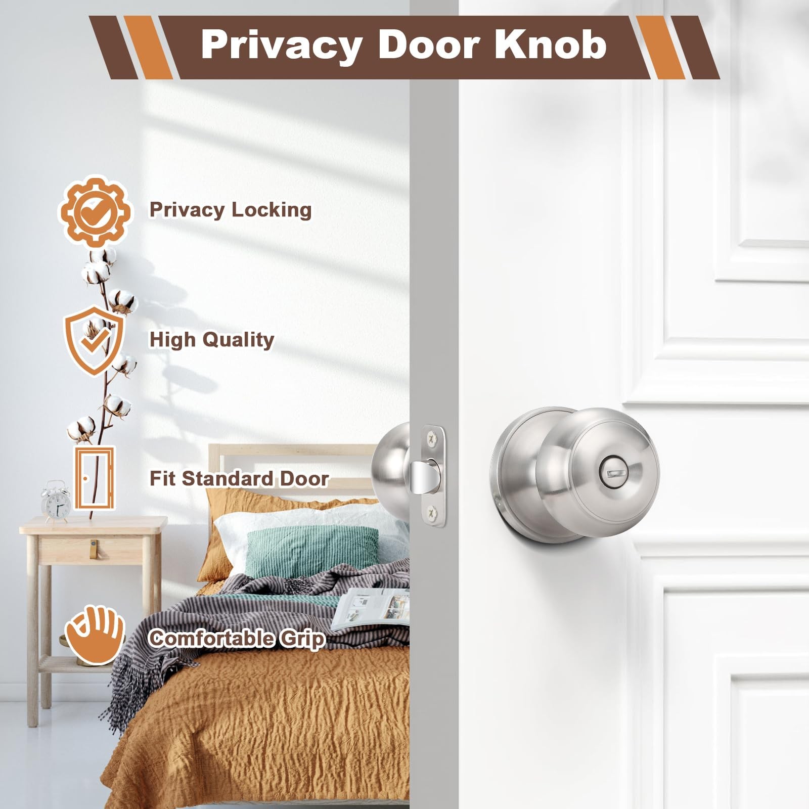 5 Pack Door Knobs Brushed Nickel Interior Keyless Door Lock Privacy Door Hand...