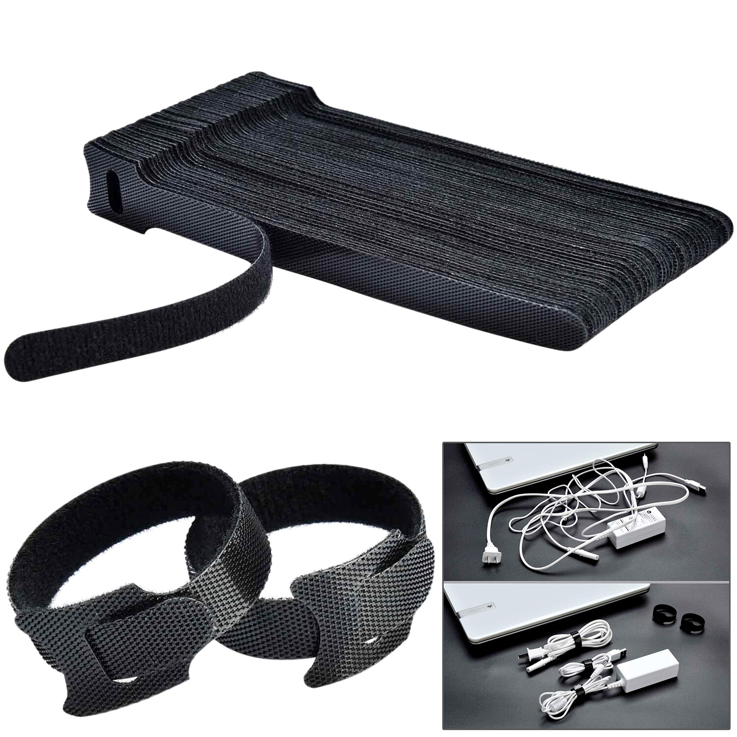100 PCS Cable Straps Reusable Wire Cord Hook Loop Ties Black Fastening Organizer