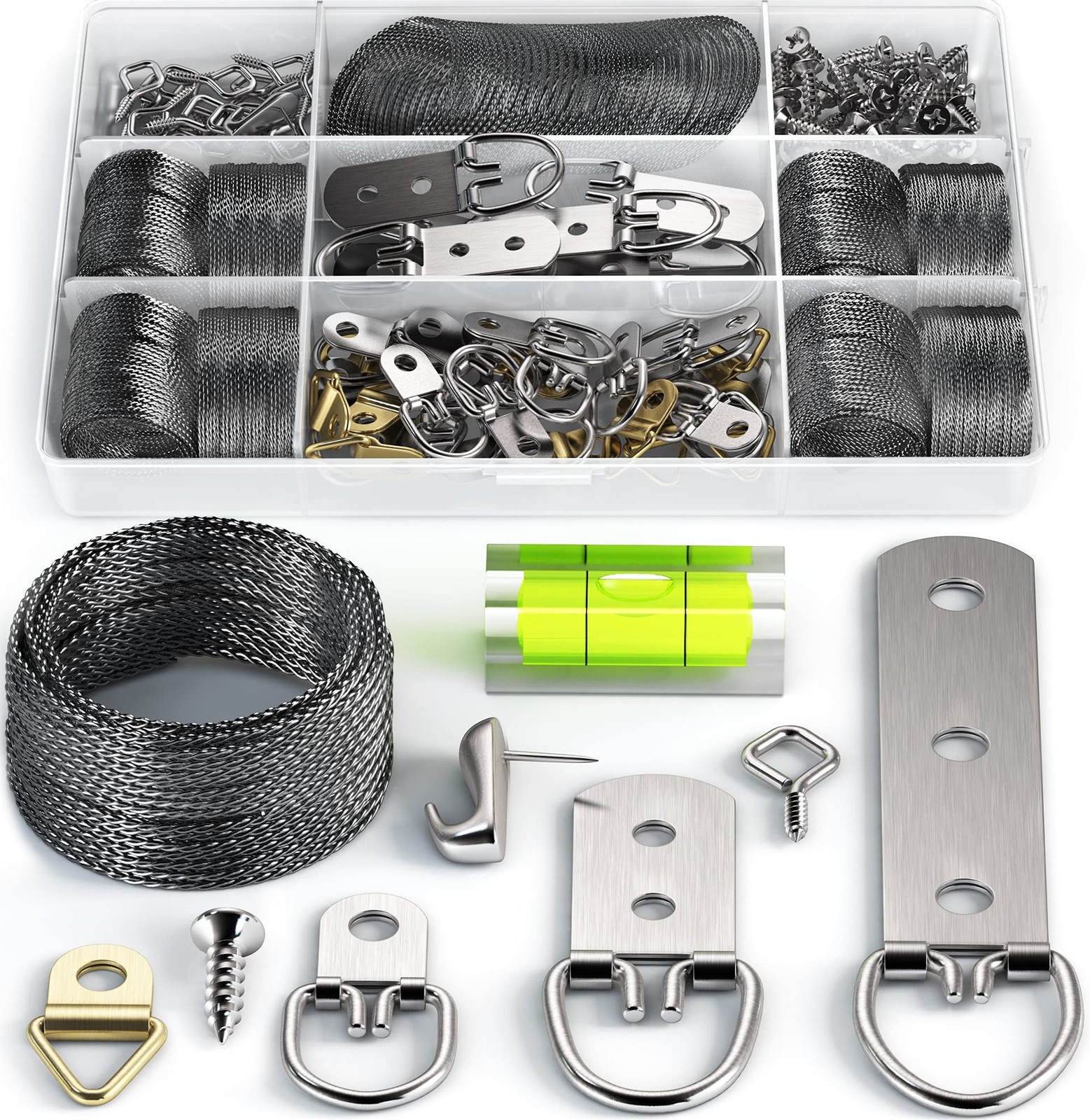 Picture Wire Hanging Kit 100+ Pieces - D-Ring, Screws, Hanging Hooks,Level. S...