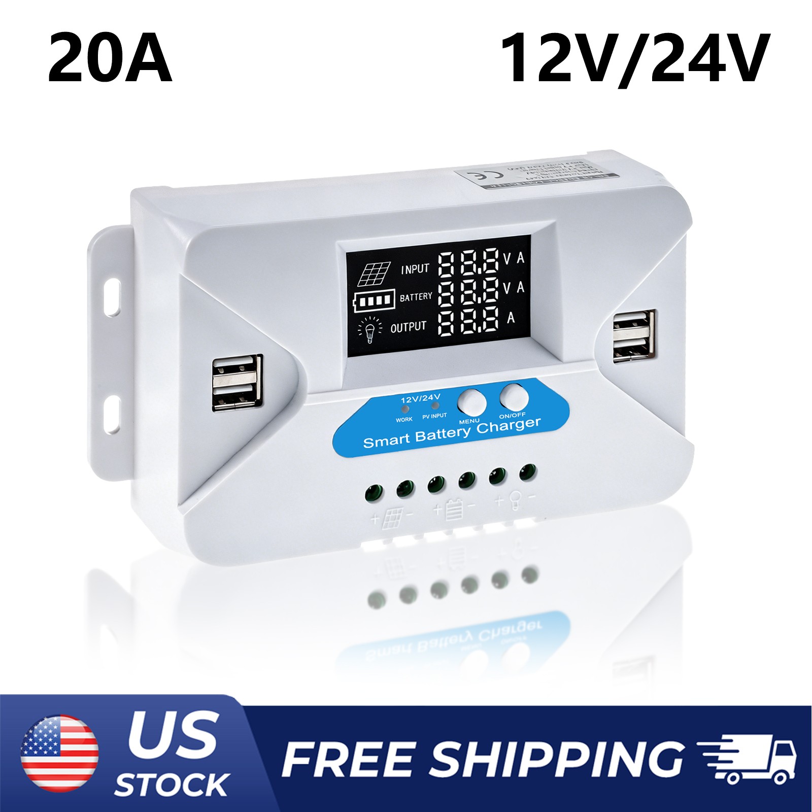 20A Solar Panel Battery Charge Controller 12V/24V LCD Regulator Auto usb port US