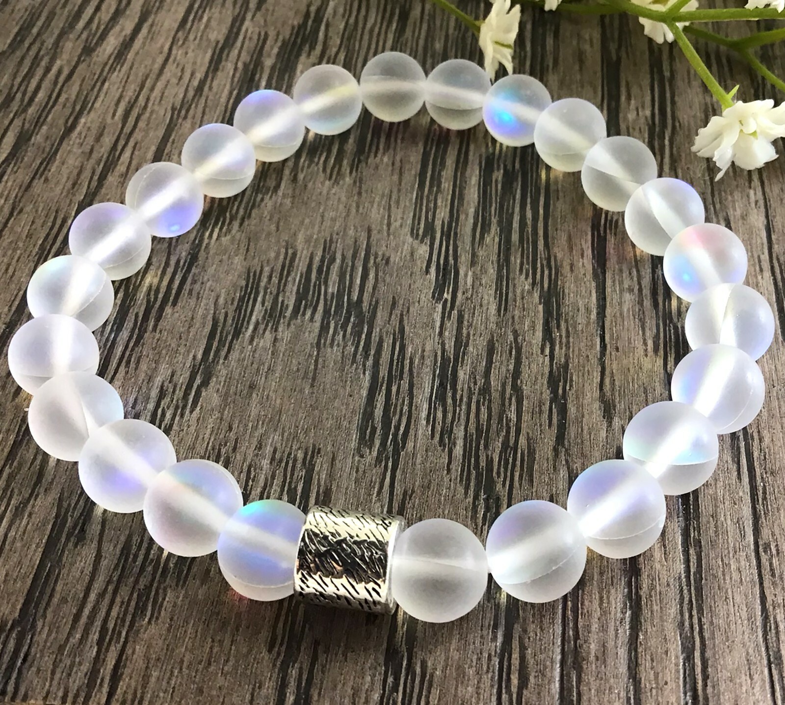 Crystal round beaded bracelet with silver cylinder pendant healing gemstone gift