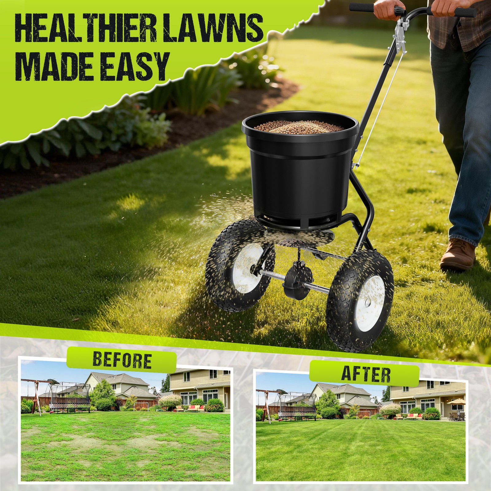50LB Walk-Behind Push Spreader 30-Level Flow Control with 12" Pneumatic Wheels