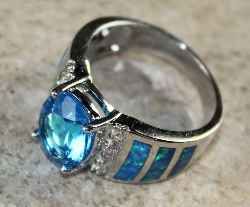 SILVER Elegant Blue Fire Opal & Royal Blue Topaz Oval Ring Size 8, WR41705