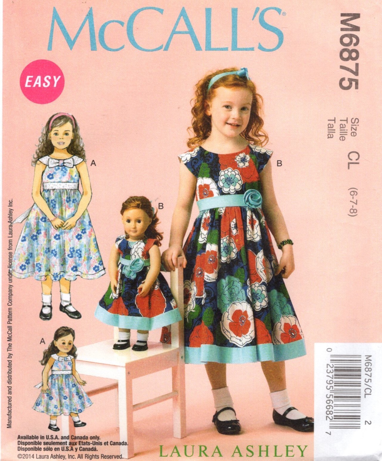 Laura Ashley Girl's 6-8 & 18" Doll Dresses McCall's 6875 NEW Sewing Pattern 2014