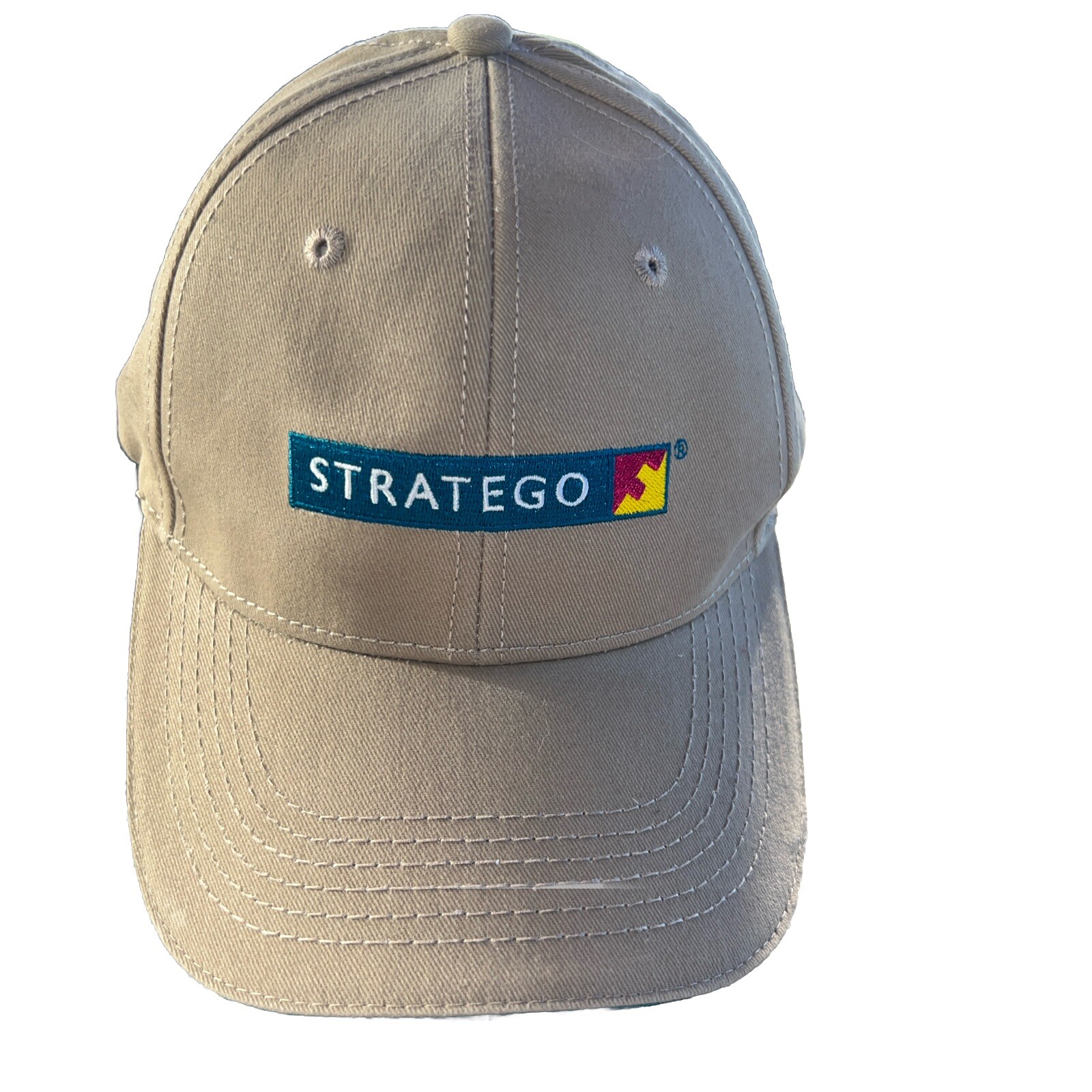 Strategy Letters Logo in Teal, Pink, Yellow, White on Tan Hat Cap Strap Buckle