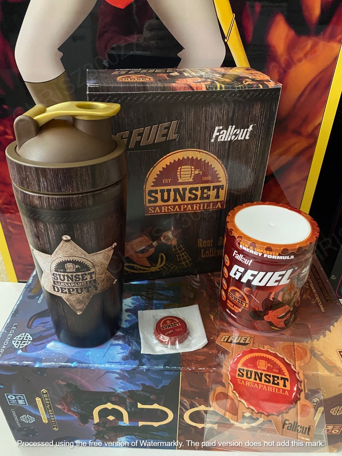 GFUEL Fallout Sunset Sarsaparilla Collector's Box Shaker + Bottle Cap Tub G FUEL