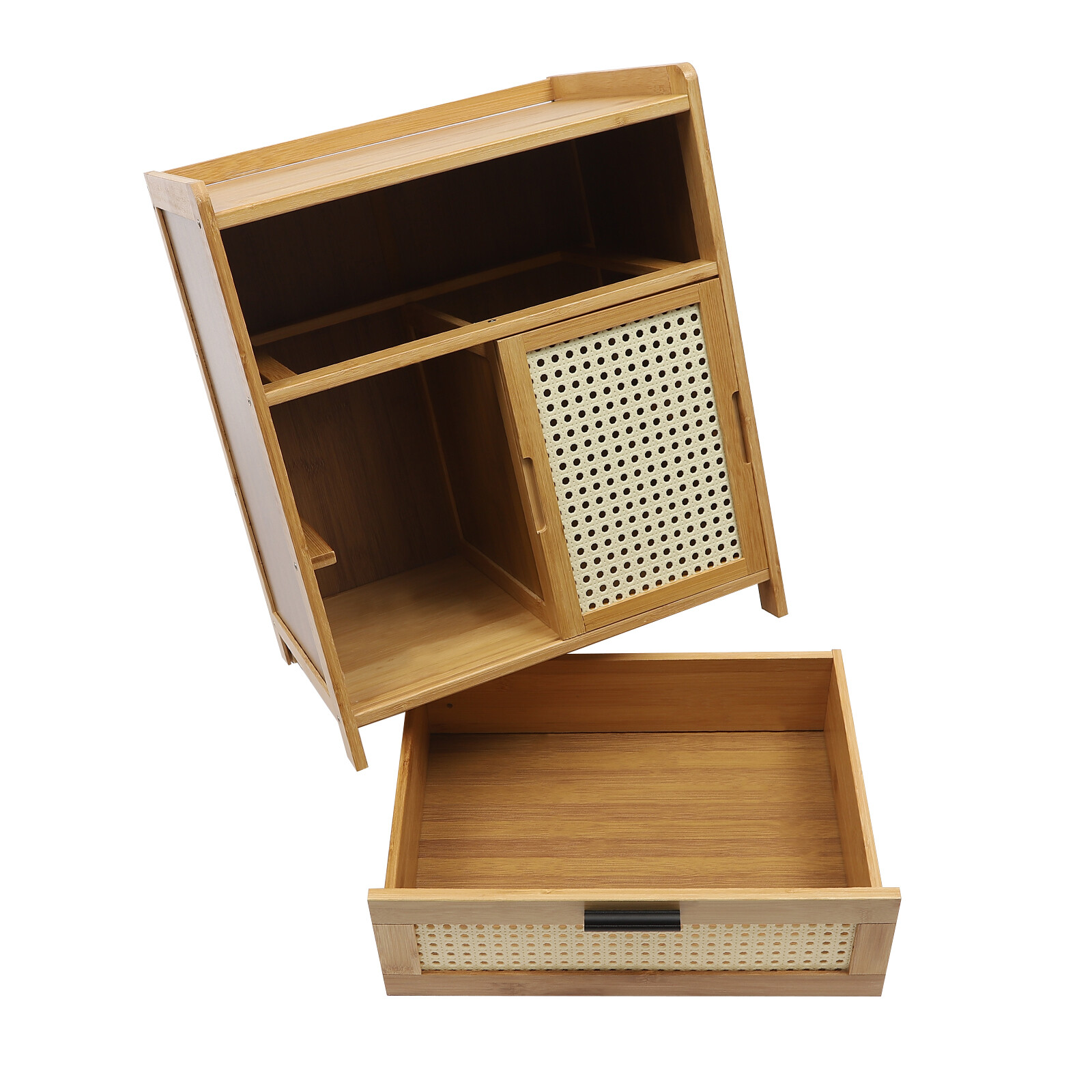 Nightstand Bamboo End Table Bedside Table w/Drawer & Shelf Bohemian Storage Rack