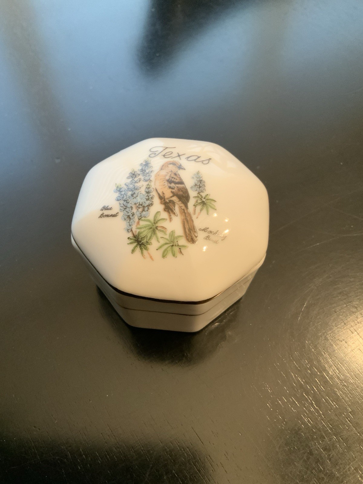 Vtg GA Los Angeles Octagonal Trinket Box Texas Mocking Bird Blue Bonnet Japan