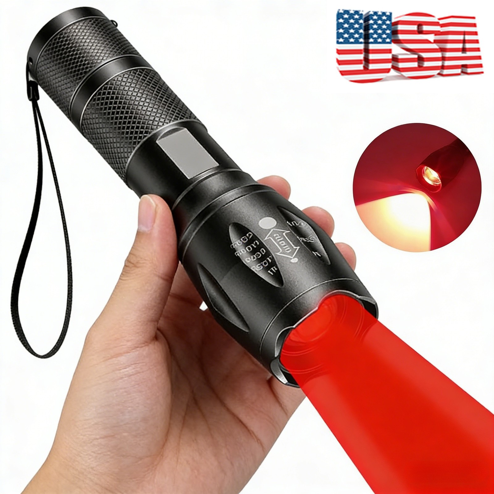 2 IN 1 White Light&Red Light LED Flashlight Zoomable Torch Built-in Battery