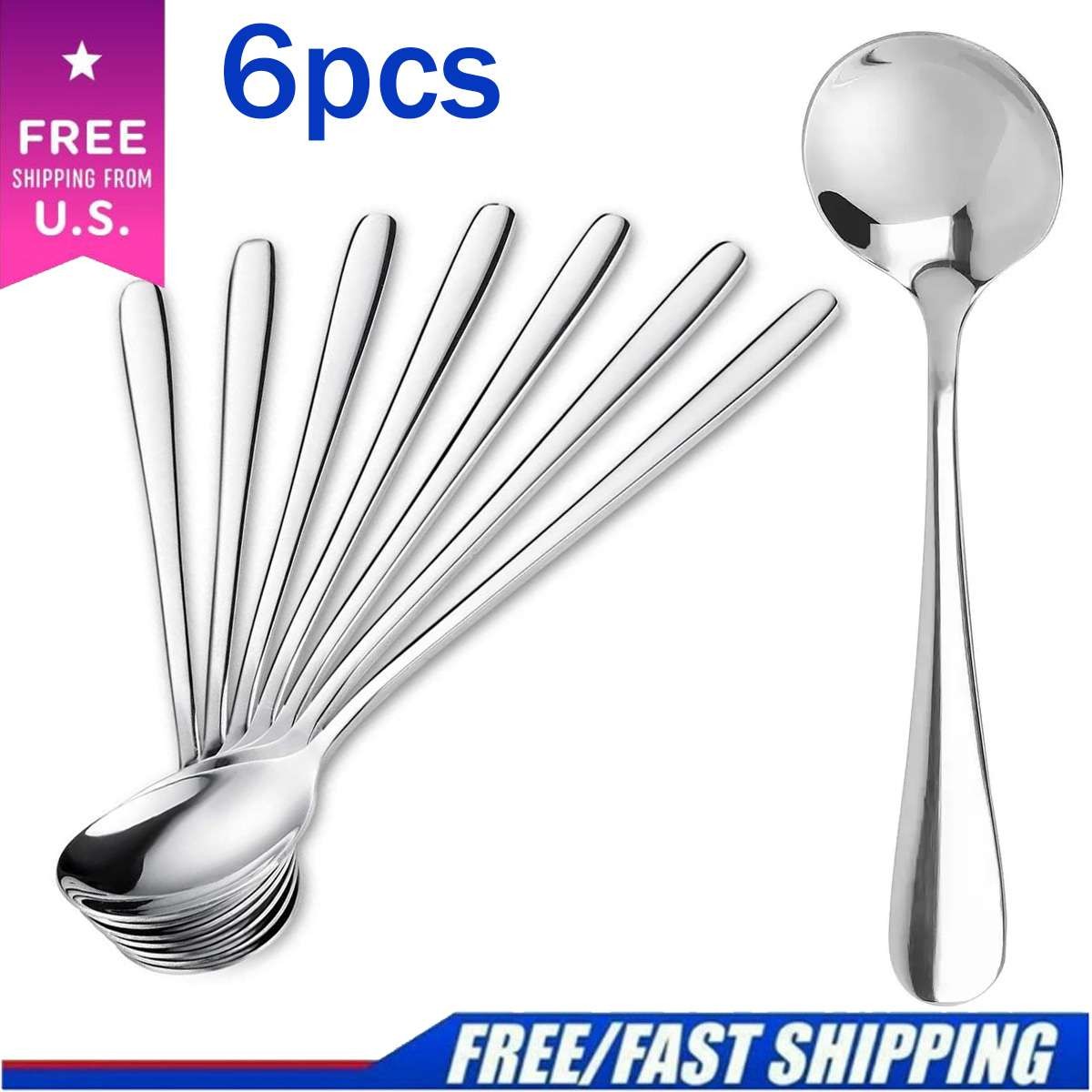 6 Pcs Round Stainless Steel Soup Spoons Bouillon Spoon Table Serving Cooking new