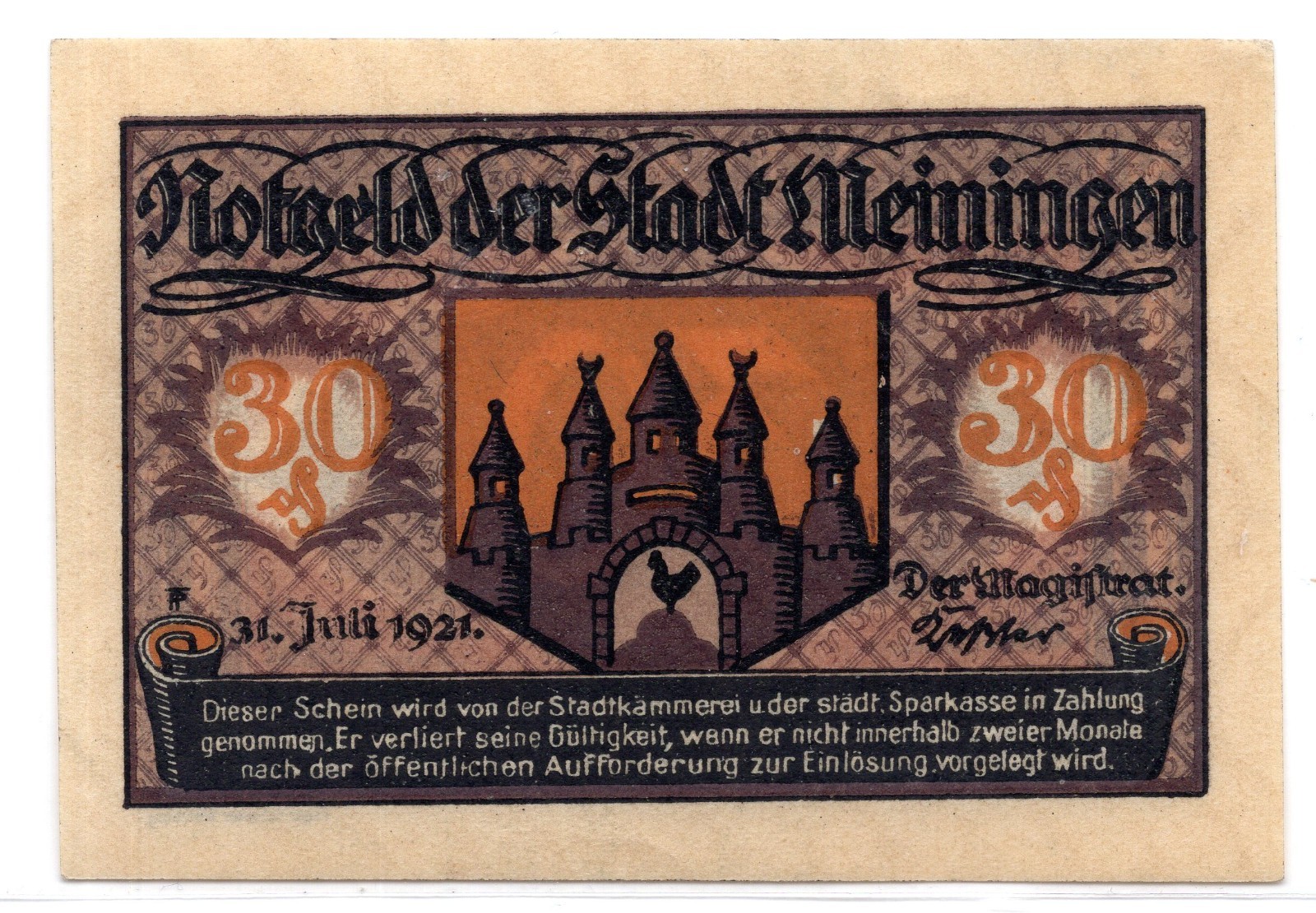 1921 Germany Meiningen Notgeld 30 Pfennig Note (2171)