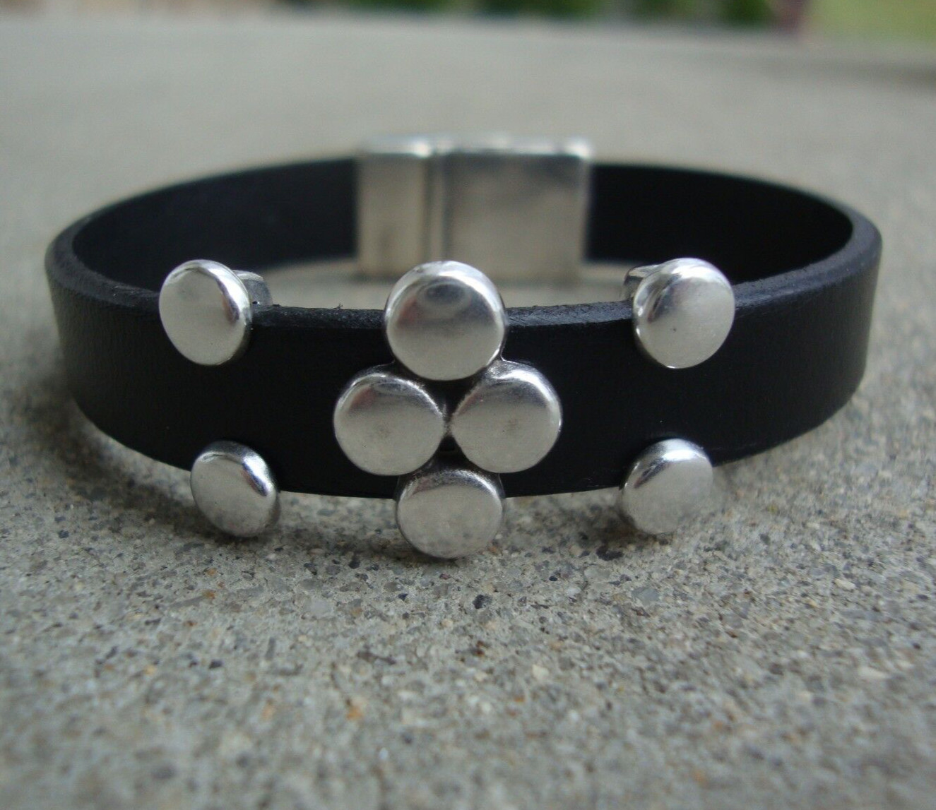 Black Flat Leather Bracelets with Antique Silver Beads USA