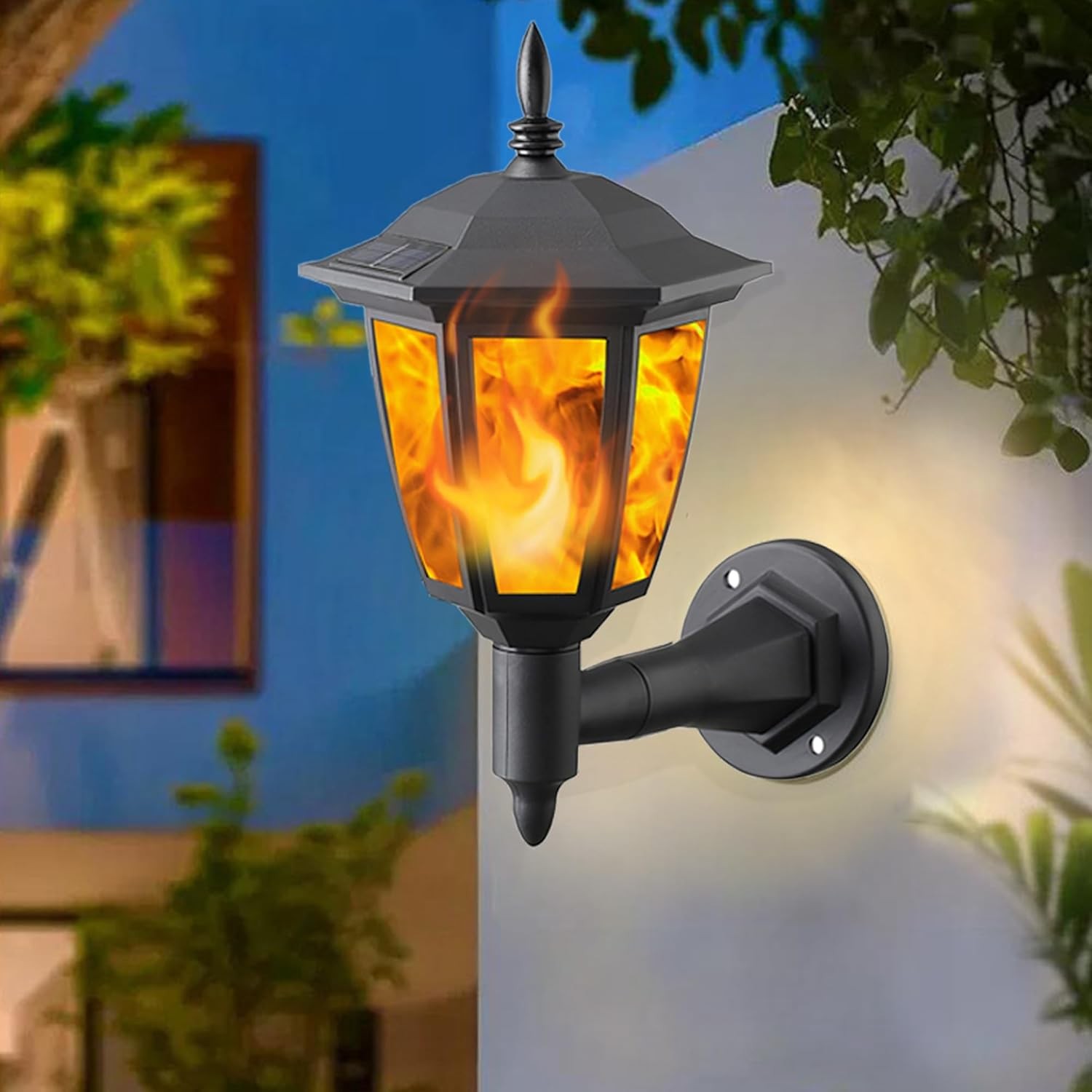 Dynaming 2 Pack Solar Flame Wall Lanterns Outdoor, Solar Powered Wall Mounted Sc