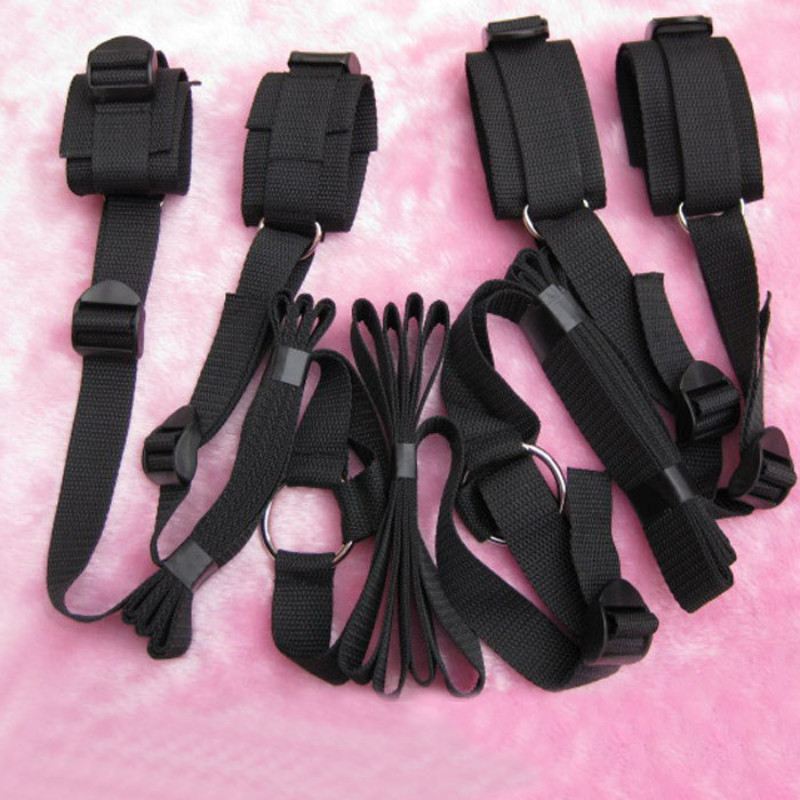 Bed Restraint Harness Set Handcuffs Ankle Cuffs Strap Kit 7-ring Adjustable BDSM