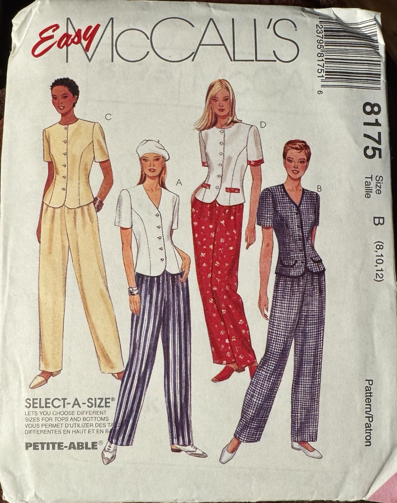 Vtg McCall's pattern 8175 Misses'/Petite Tops & pull-on Pants sz 8, 10, 12 uncut