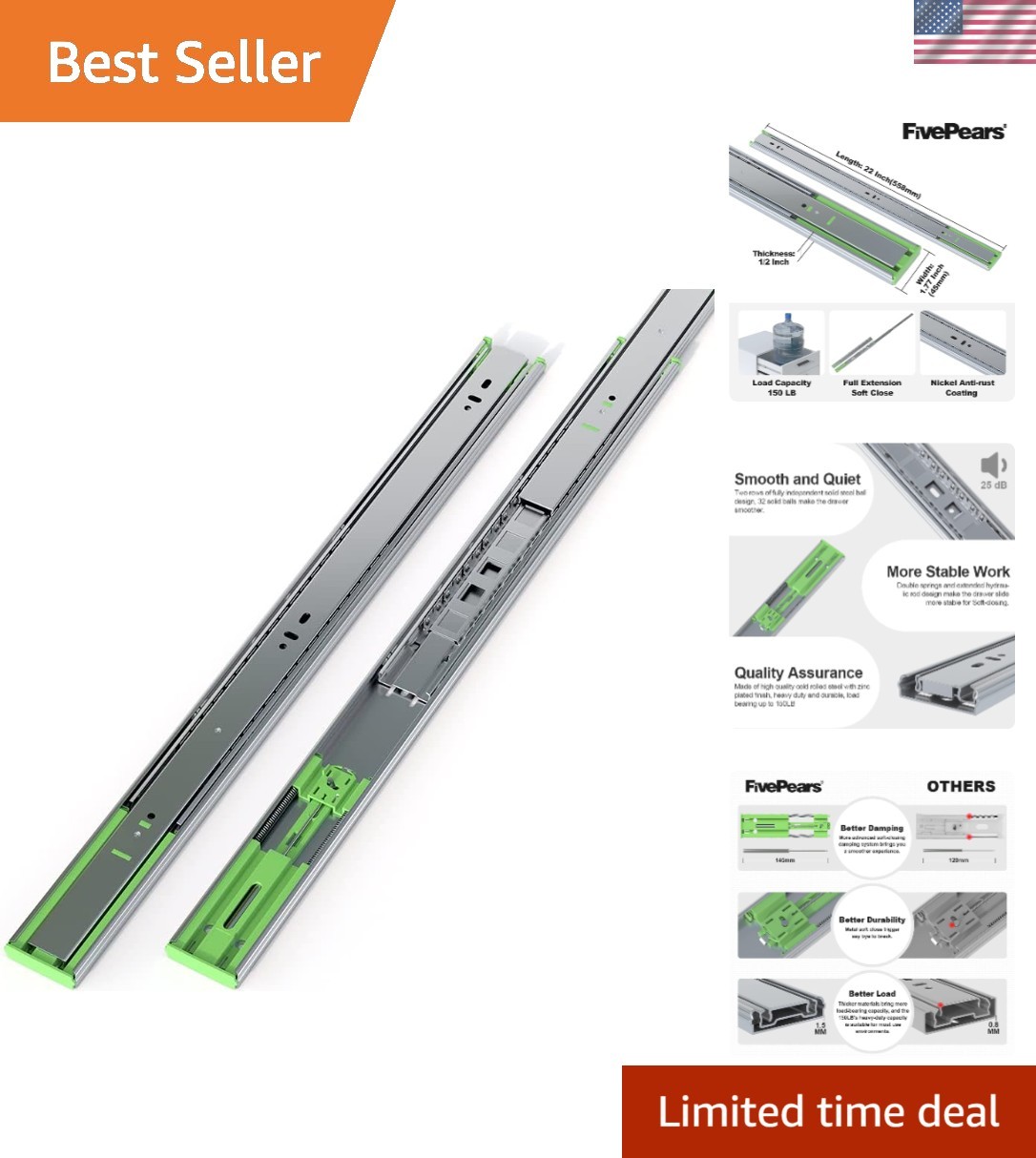 Stainless Steel 22 Inch Soft Close Drawer Slides - 6 Pairs for Easy Installation