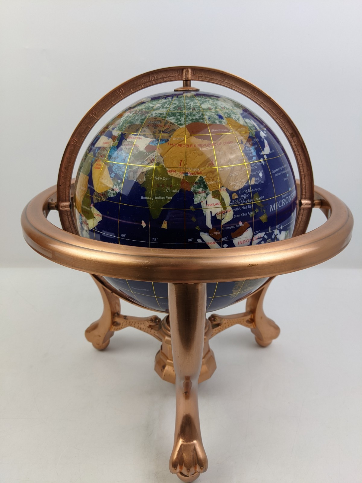 Semi Precious Stone Inlaid World Globe Copper Stand 13" Tall