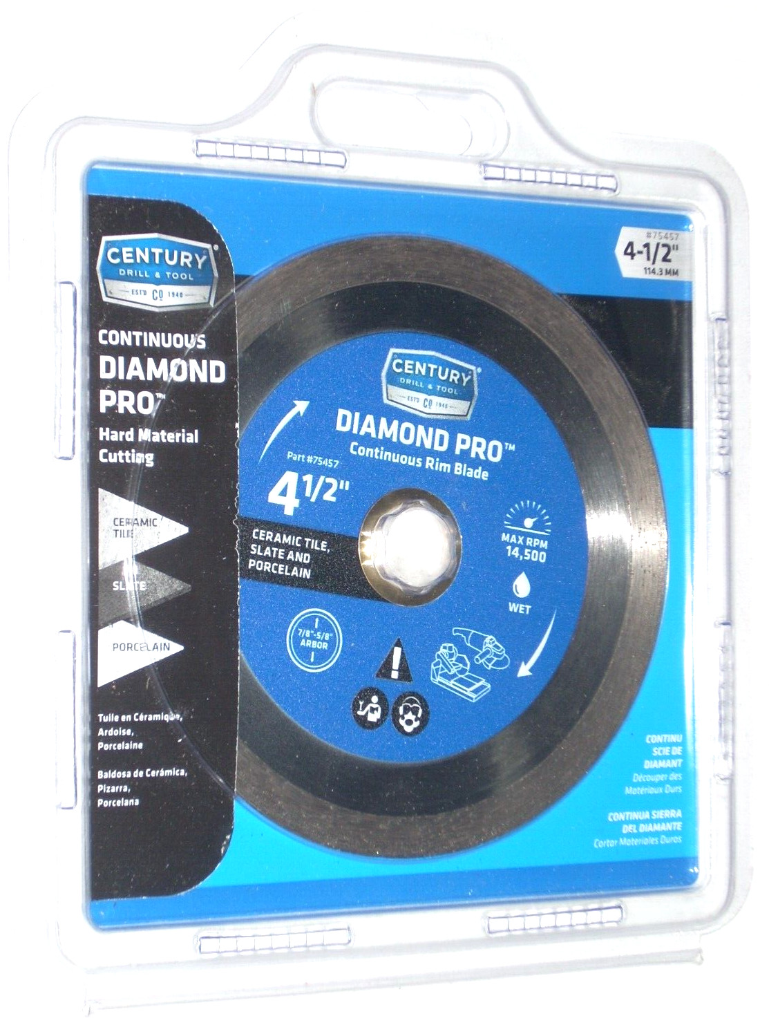Century Continuous Rim Diamond Blade 4 1/2 x 5/8-7/8 Tile Slate Porcelain 75457