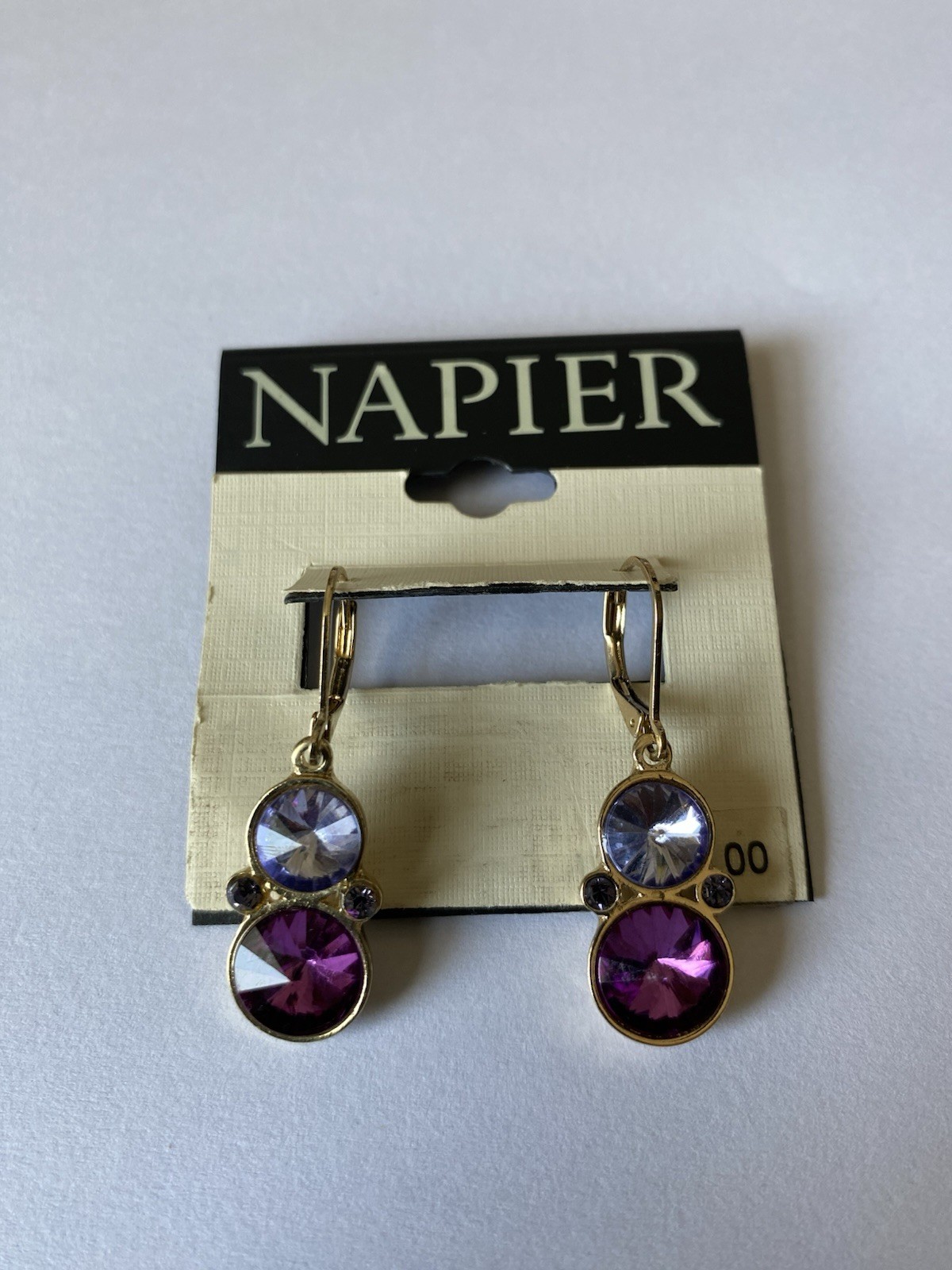 Napier Purple Rhinestone Goldtone Dangle Earrings