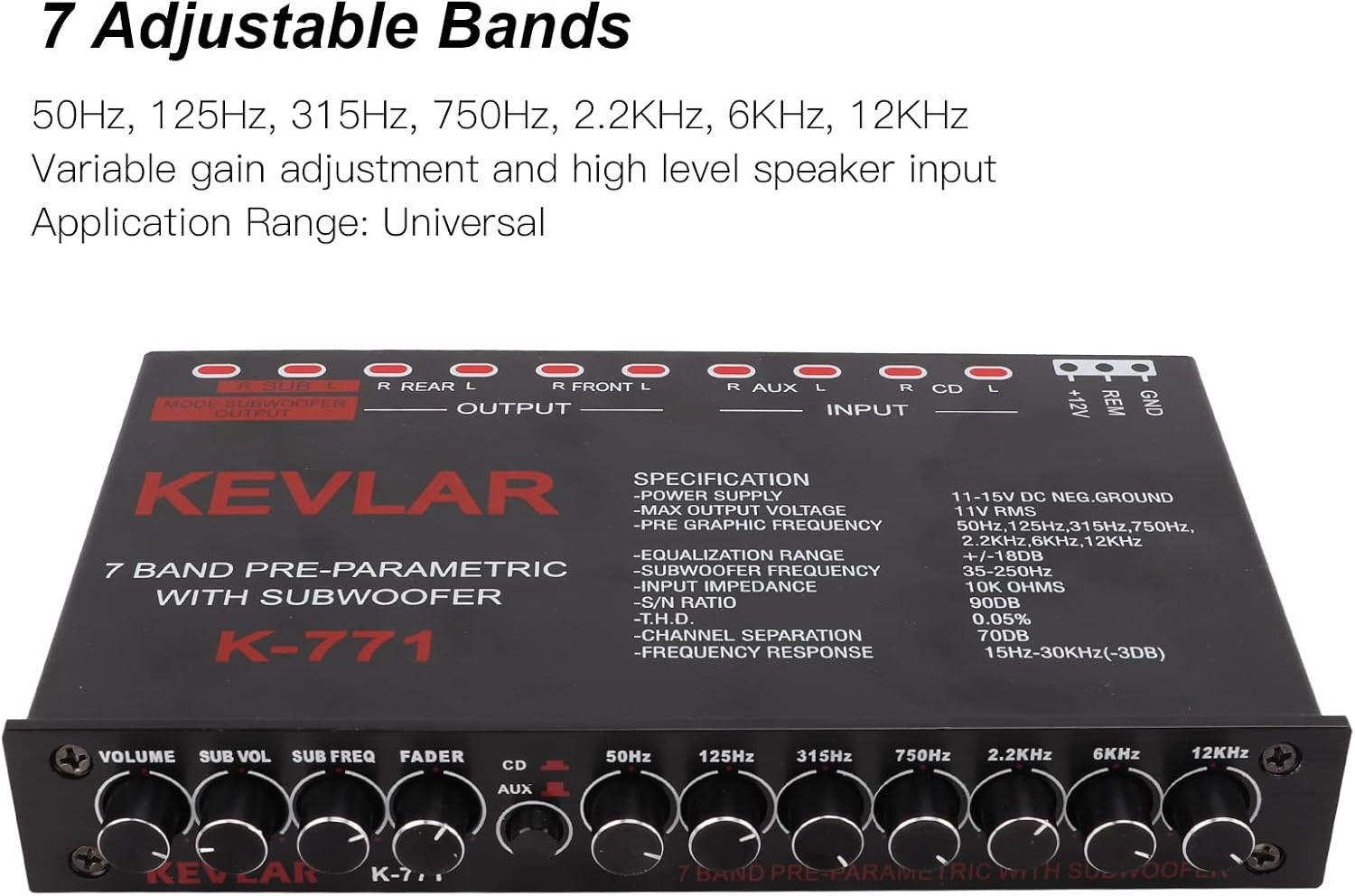 7 Band Car Audio Graphic Equalizer, Variable Gain Adjustment High Level Input EQ