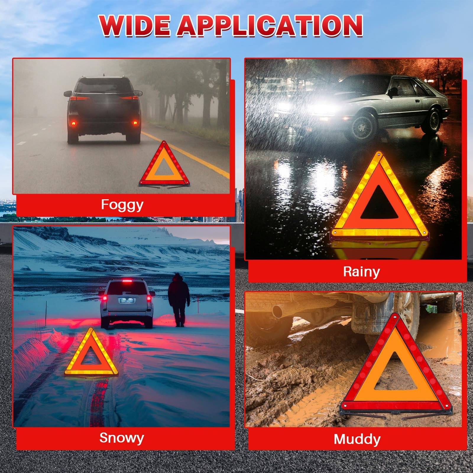 3 Pack Reflective Warning Triangles, Foldable Roadside Emergency Safety Kit...