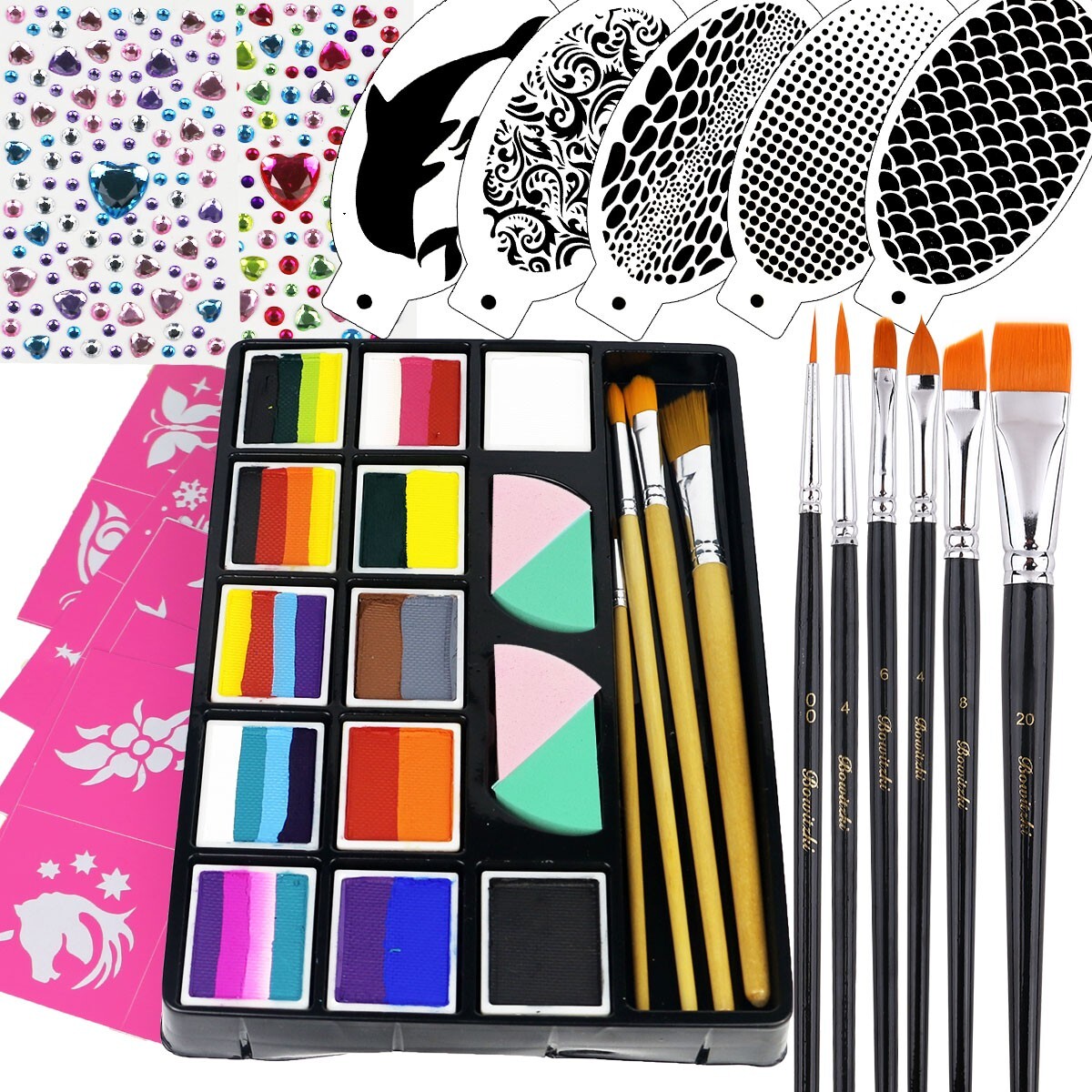Bowitzki Professional Face Paint kit Split Cakes 1 Stroke Body Paint Brushes Set