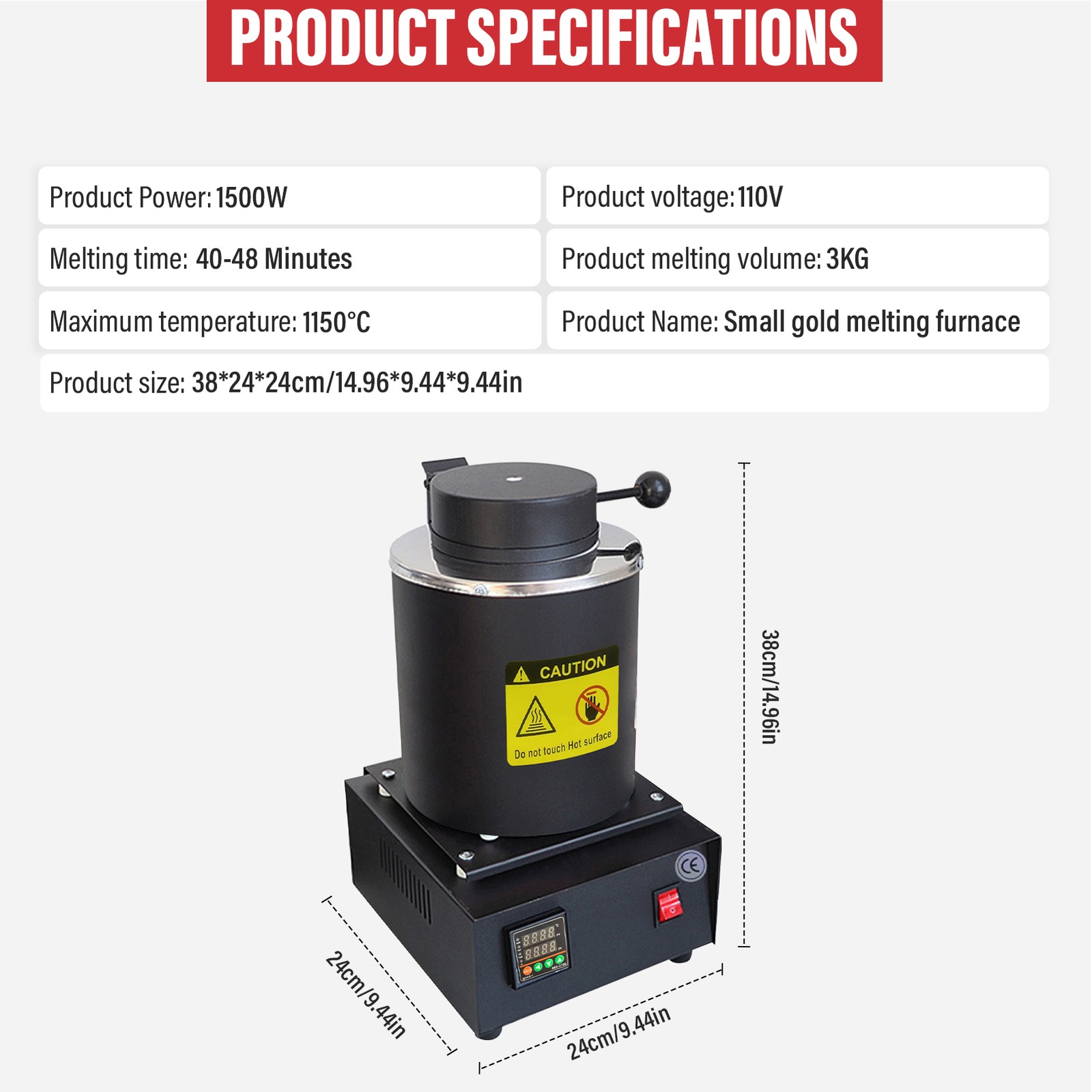 1500W 3KG Digital Black Melting Furnace Kit 2100°F with Graphite Crucible 110V