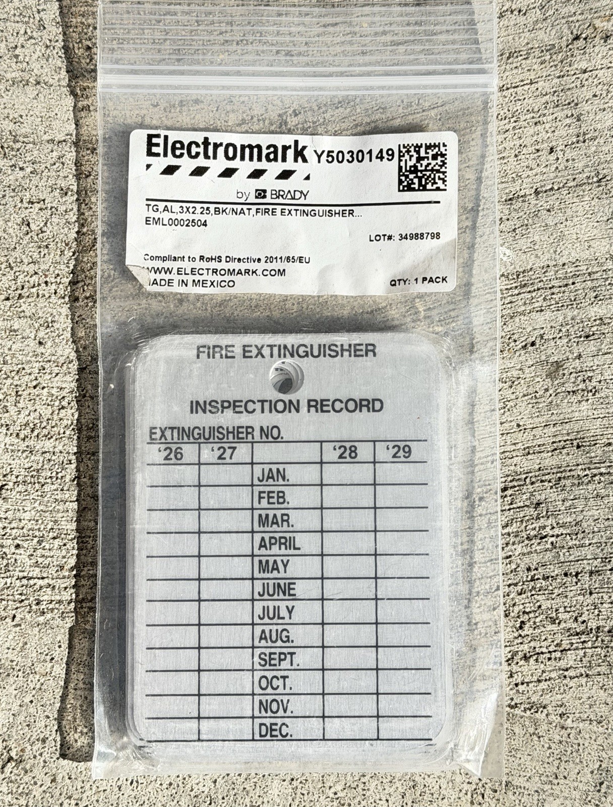 '26-'29, Brady Electromark Y5030149 Fire Extinguisher Tags Aluminum Date/Month