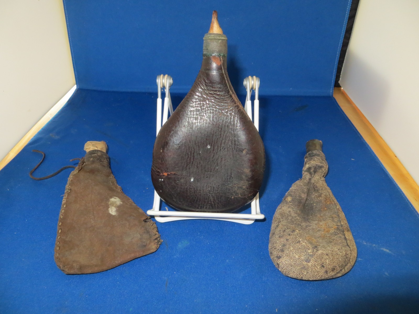 Lot of 3 Antique 1800-s Black Powder Ammo Leather Pouch Flask