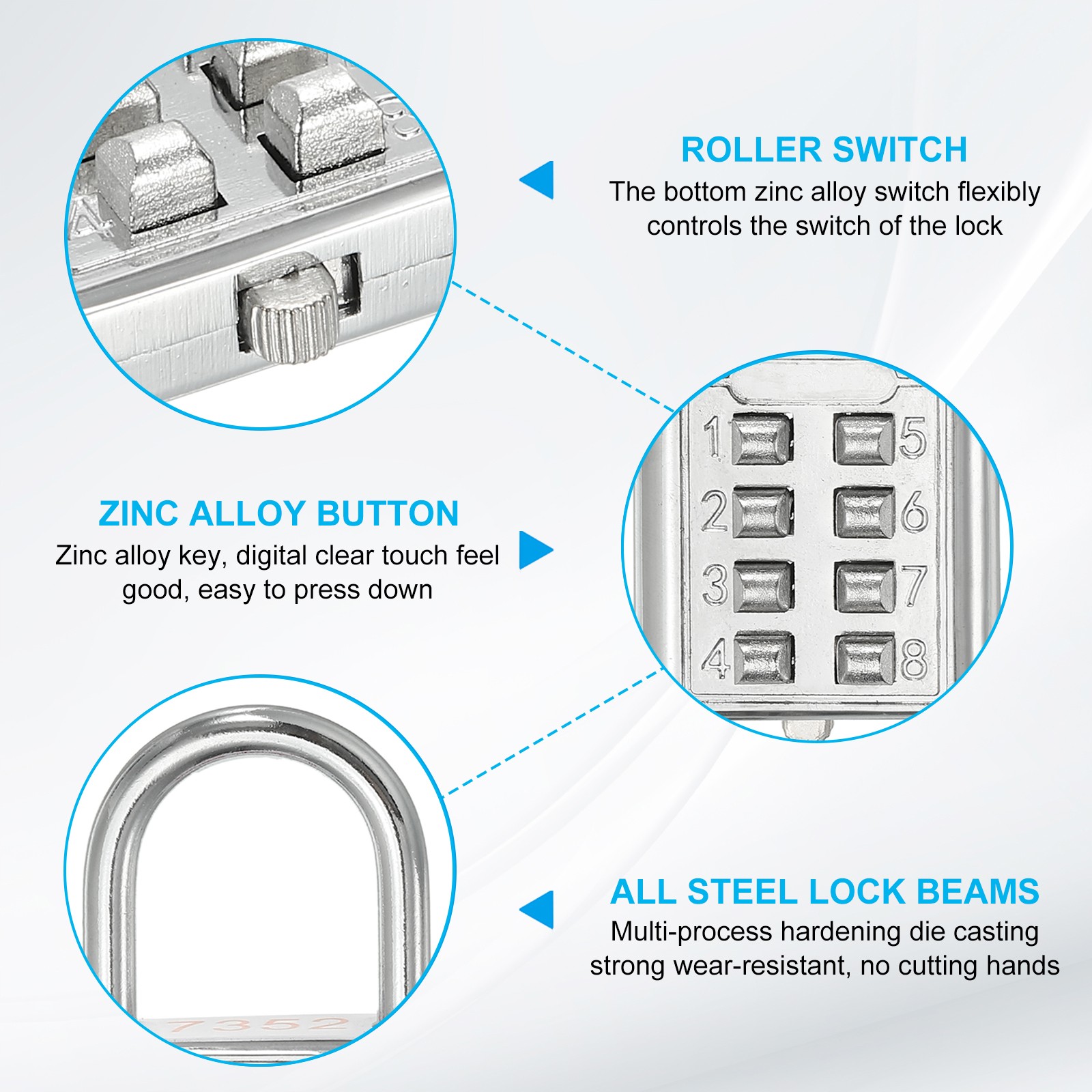 8 Digit Button Combination Padlock 3pack 4 Digit Locking Mechanism Lock Silver