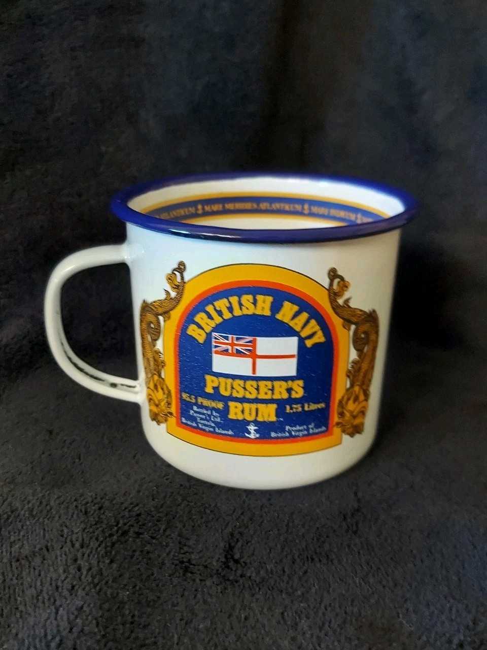 VTG British Royal Navy PUSSER’S RUM Tin Enamel Mug Cup Virgin Islands Blue Band