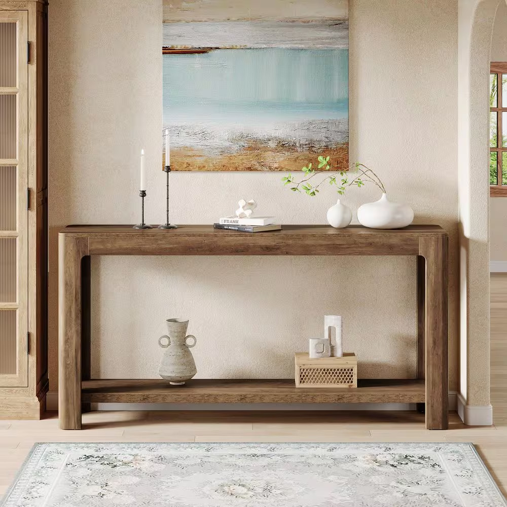 Turrella 63 In. Rustic Brown Rectangle Wood Console Table with 2-Tier for Storag