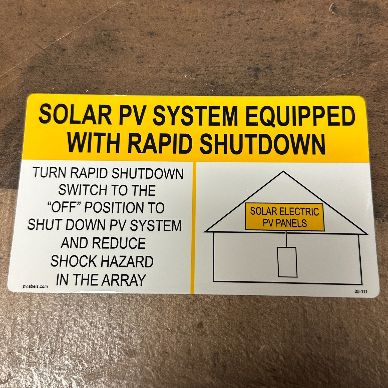 3.5" x 6"  Solar PV System Equipped with Rapid Shutdown Label 05-111 USA Yellow