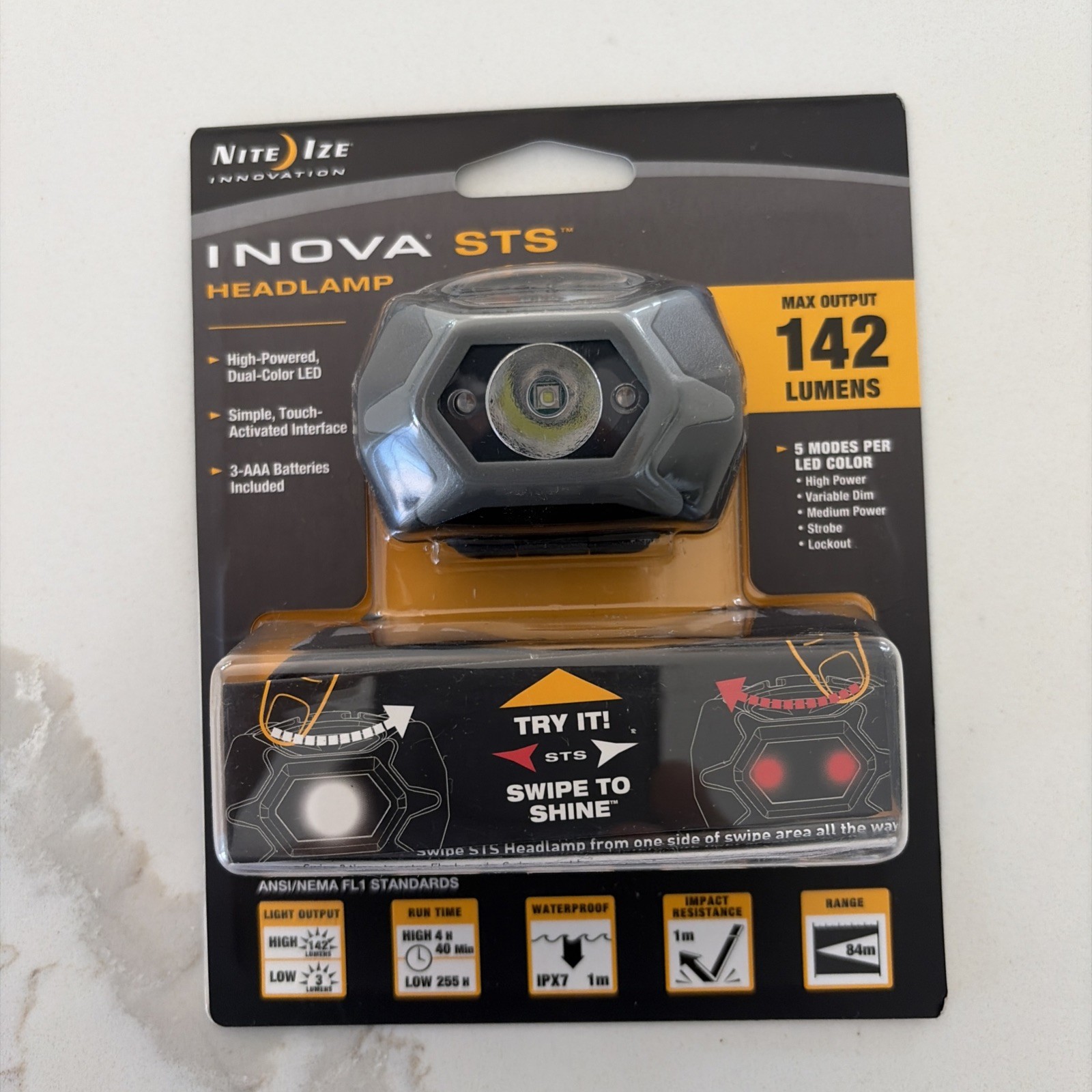 142 Lumens Dual Color LED Headlamp 5 Modes Per LED Color Swipe To Shine SEALED!