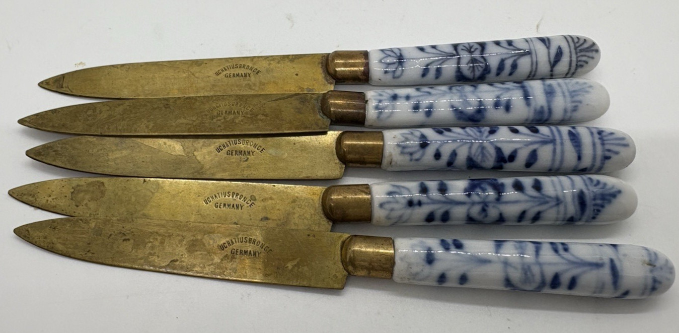 5 Antique Uchatius Bronce Germany Porcelain Handle Floral Bronze Fruit Knives