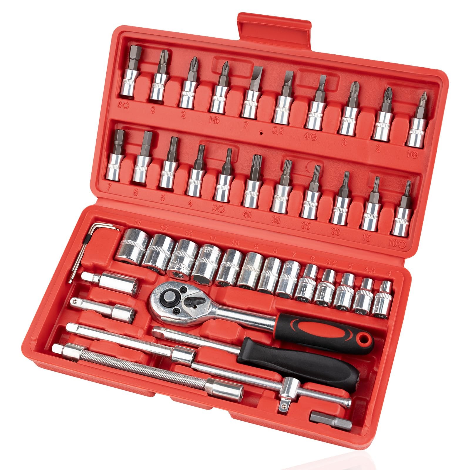 Beaiguna 46PCS Small Drive Socket Ratchet Wrench Screwdriver Set, Small, Red