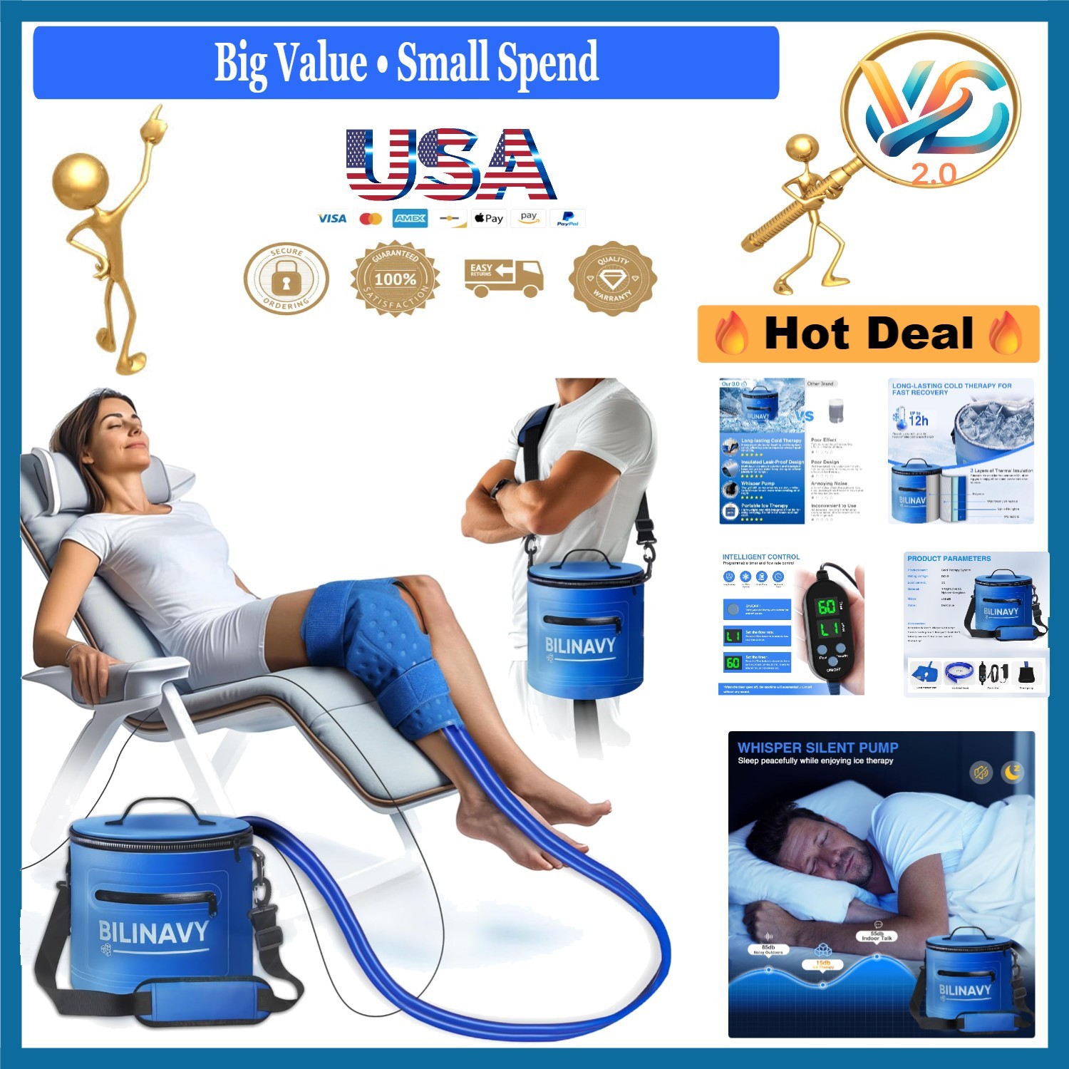 Portable Knee Ice Therapy Machine Deep Blue with Timer Quiet Pump