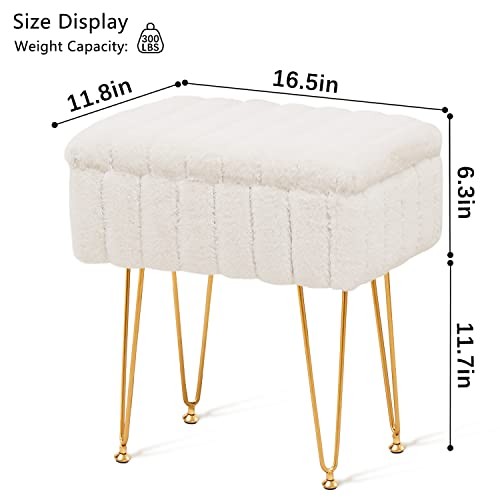 Storage Ottoman, Vanity Stools with Metal Legs, 16.5" x 11.8" x 18" White