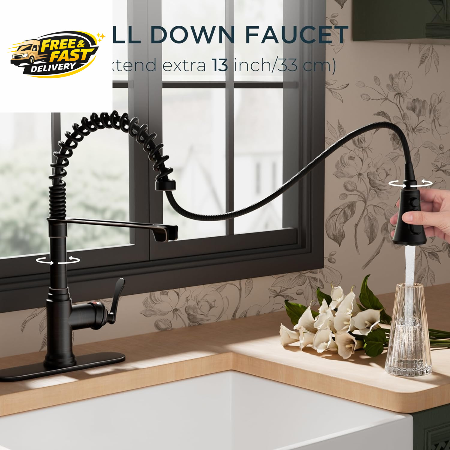 Rustic Kitchen Faucet with Pull down Sprayer Oil Rubbed Bronze, 3 Modes Stainles